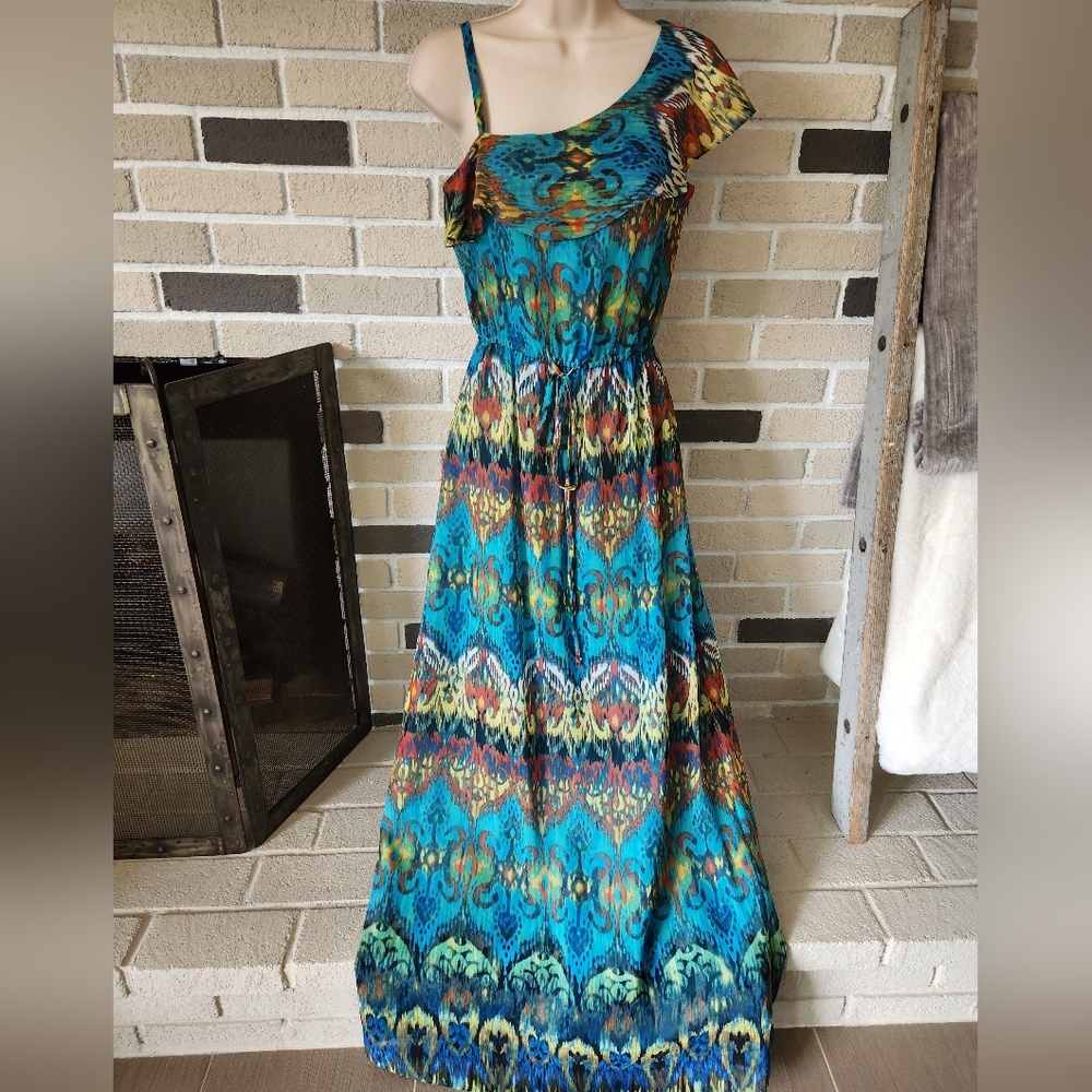 GUESS One Shoulder Ruffle Maxi Dress Ikat Boho Resort